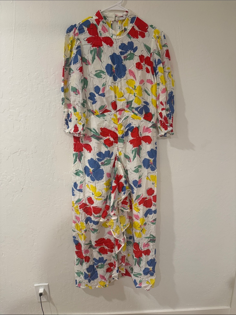 RIXO White Floral Ruffle Front Midi Dress with Red, Blue & Yellow Print